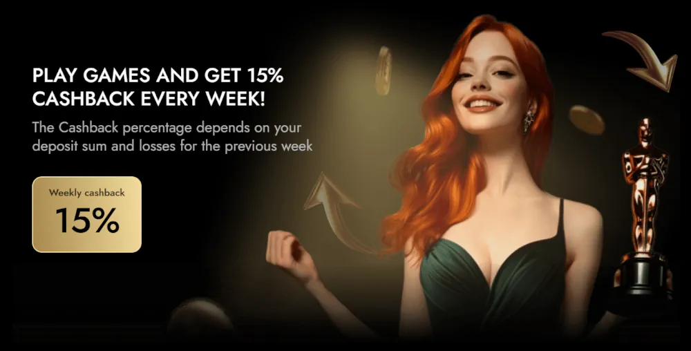 Oscar Spin 15% týdenní cashback propagační banner s sochou Oscara